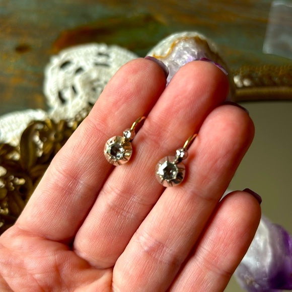 Antique Jewelry - Antique 14kt yellow gold and silver plated bezel set rose cut diamond earrings